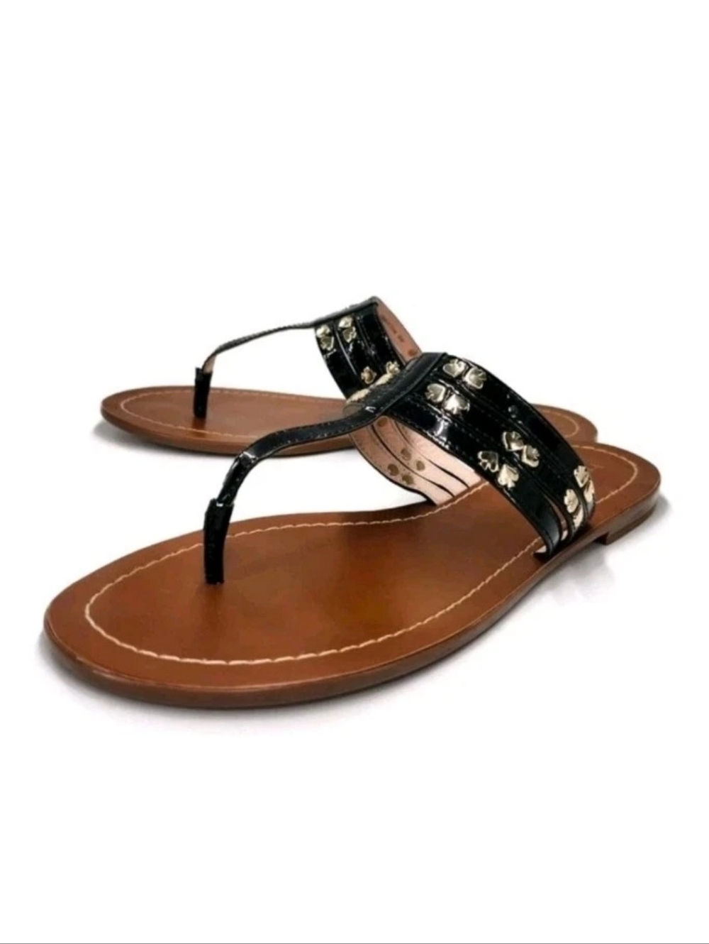 Kate Spade New York Black Brown Carol Rocco Slip On Thong Sandals Leather 7 M